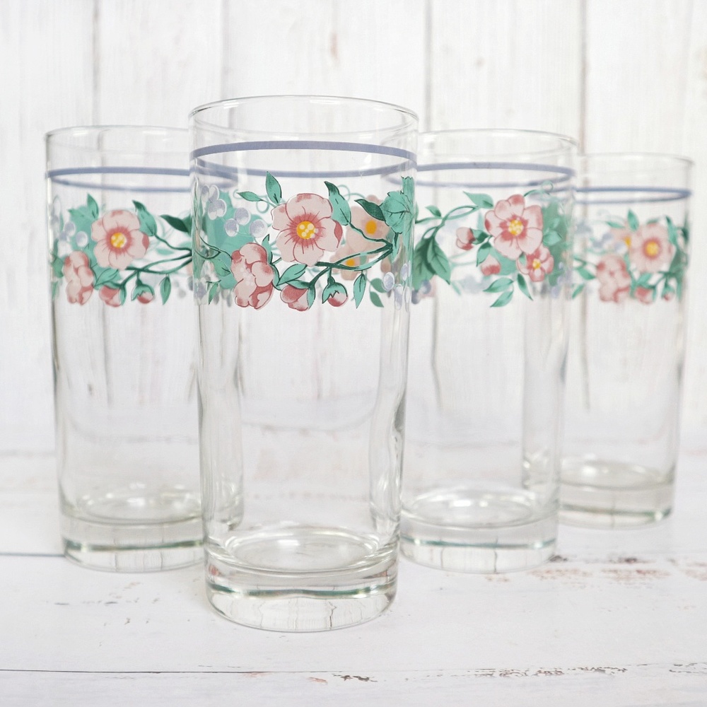 Vintage Flower Glasses Tall Drinking Tumbler Cooler Set (4) Floral Feminine